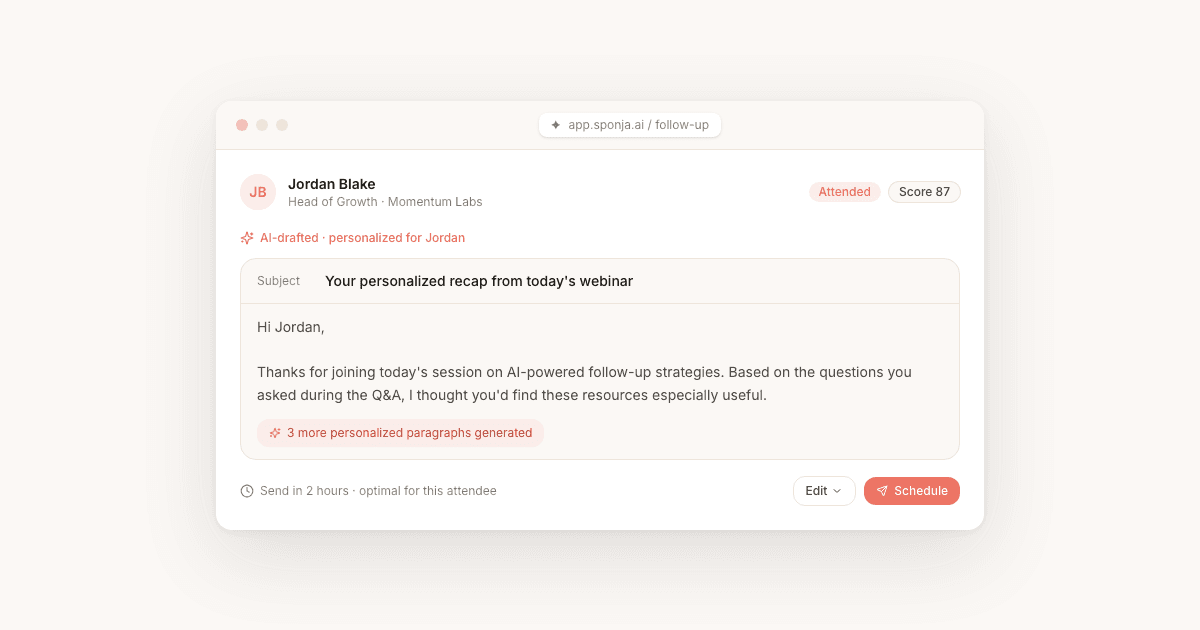 A webinar follow-up email template open in a browser, representing post-webinar email best practices.